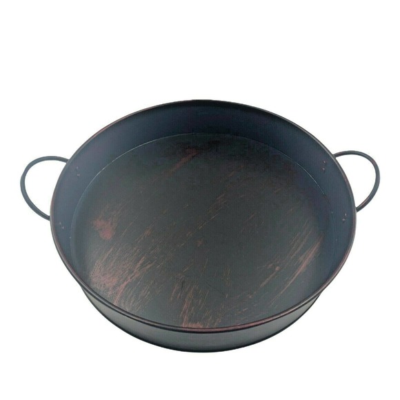 Retro Round Large Storage Basket Serving Tray Galvanized Metal With Handles 16" - Picture 11 of 12